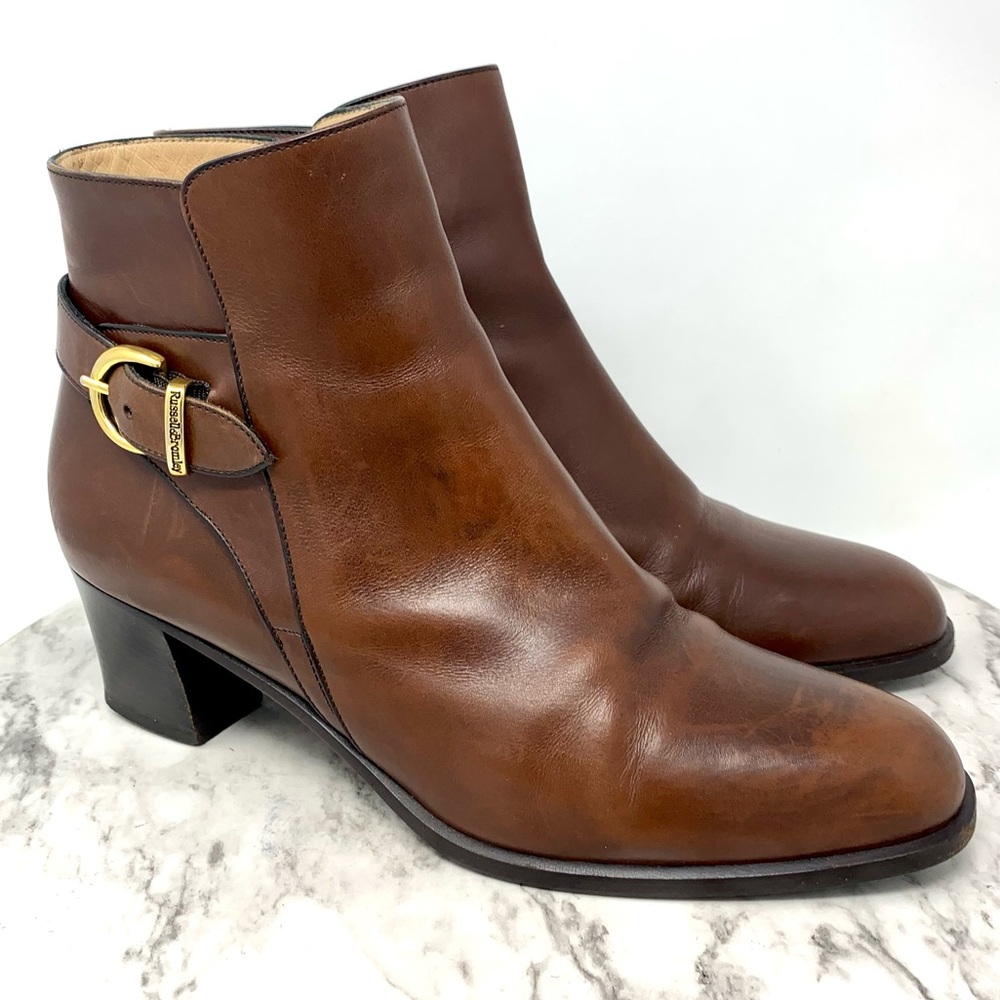 Russell And Bromley Buckle Detail Brown Leather Heeled Booties 40.5 Classic